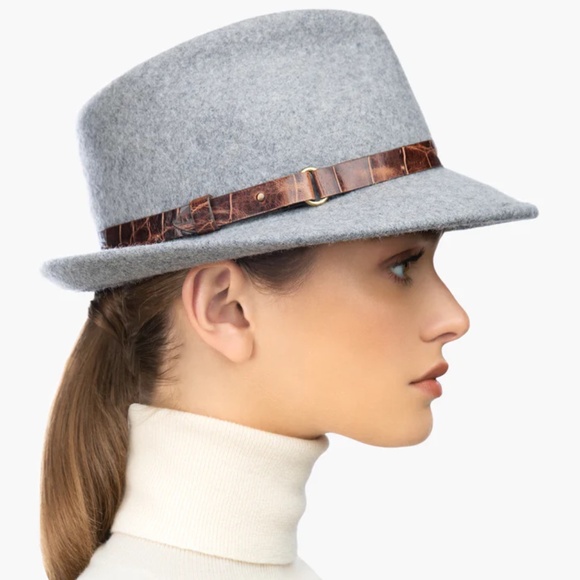 ERIC JAVITS Wool Classic Fedora Hat in Grey Mix Neutral Leather Band One Size - Picture 2 of 16